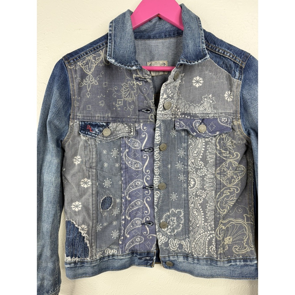 Polo Ralph Lauren Patchwork Denim Jacket Distressed Bandana Trucker M Rustic